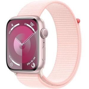 Apple Watch Series 9 (45 mm GPS) Smartwatch met roze aluminium behuizing en lichtroze sportarmband. Tracker voor fysieke activiteit, apps voor zuurstof in het bloed en ECG, CO2-neutraal