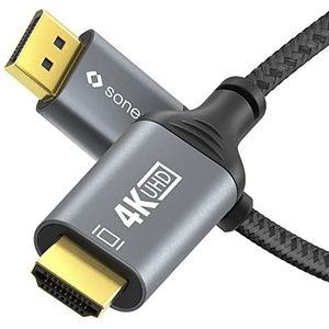 Sonero® 4K DisplayPort 1.2 naar HDMI 2.0 kabel, DisplayPort mannelijk naar HDMI mannelijk, 4K 60Hz, 2K 120Hz, katoenen mantel, grijs/zwart, 1,00 meter