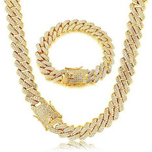 Roheafer Iced Out Cubaanse ketting voor mannen Miami Cubaanse schakelarmband 14 mm 18 karaat vergulde strass ketting hiphop sieraden voor mannen en vrouwen, Diamant, Zirkonia