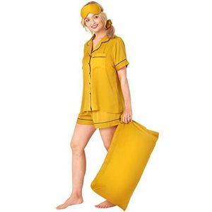 Indigo Sky Katrina 5-delige satijnen pyjamaset voor dames, oogmasker, scrunchie en kussensloop, Zoete oker