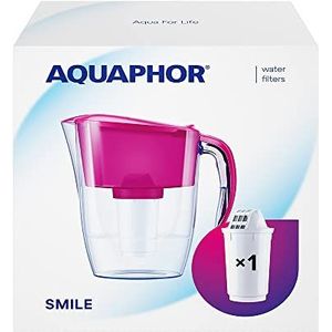 AQUAPHOR Smile filterkaraf, ruimtebesparend, licht, voor koelkastdeuren met een inhoud van 2,9 l, 1 x A5 350 L filter inbegrepen, vermindert kalk door chloor en microplastic, roze