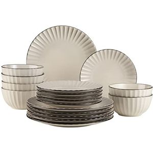 MÄSER 931967 servies set Osita Retro voor 6 personen in romig wit met golfvorm 18-delig incl. borden, dessertborden en mueslikom van aardewerk