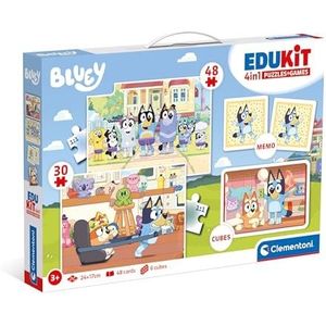 Clementoni - 18320 - Edukit 4-in-1 - Bluey - Bordspelset (memo, puzzel 30 en 48 stukjes, 6 blokjes), educatief 3 jaar, geheugen- en logisch spel, koppelkaarten, kinderpuzzel, gemaakt in