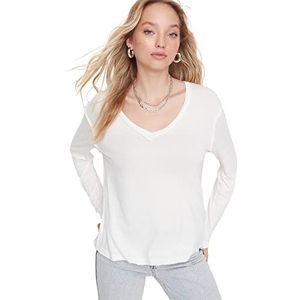 Trendyol T-shirt classique pour femme avec col rond en maille chemise, ecru, M