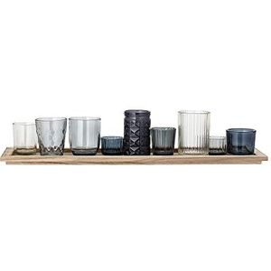 Bloomingville - Waxinelichtjes - Glas/Hout - Blauw - Set van 10 - L56xH10xB14 cm