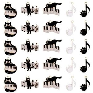 SUNNYCLUE 30 stuks zwarte kat losse bedels muzieknoten muziekinstrumenten piano mini kat cartoon poten legering bedels voor sieraden maken, Legering, email