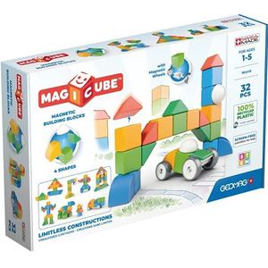 Geomag - Magicube Shapes - Magnetische bouwstenen om te stapelen voor baby's vanaf 1 jaar - 32 kubussen in 4 kleuren en vormen - 100% gerecycled kunststof
