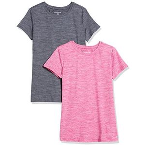 Amazon Essentials Dames Tech Stretch T-shirt met korte mouwen en ronde hals (verkrijgbaar in grote maten), donkergrijs per sectie geverfd, framboos ruimtekleuring, maat S