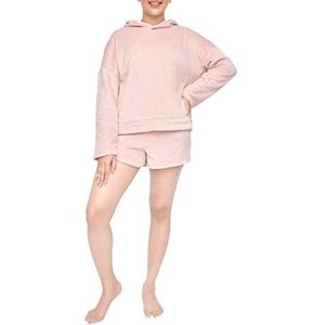 Sleepdown Dames Toffee fleece hoodie en korte loungwear set met capuchon en shorts van koraalwol, Roze