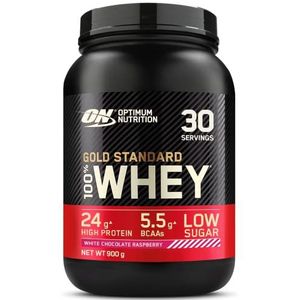 Optimum Nutrition Gold Standard 100% Whey Proteïnepoeder met Whey Isolate, eiwitten voor krachttraining, massa-opbouwing, witte chocolade, framboos, 30 porties, 0,9 kg, verpakking kan variëren