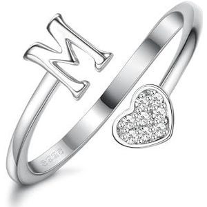 MILACOLATO Ring van 925 sterling zilver met initiaal in hartvorm voor vrouwen en meisjes, 18 karaat verguld, stapelbaar, verstelbaar, voor tieners, alfabetletters, dames, Zilver, Zirkonia