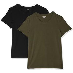 Amazon Essentials Set van 2 T-shirts voor dames met korte mouwen en ronde hals, klassieke pasvorm, olijf/zwart, maat XS