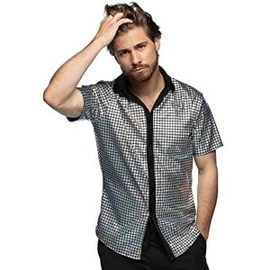 Boland - Zilveren disco overhemd, discohemd diamant, herenhemd met korte mouwen, T-shirt voor heren, feesttop voor carnaval of themafeest