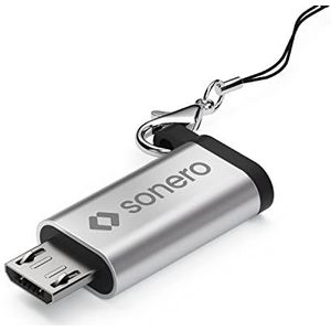 Sonero® Micro USB naar USB-C adapter, compatibel met Apple-apparaten, OTG-ondersteuning, perfect voor e-bikes, gespen/karabijnhaak inbegrepen, behuizing van aluminium, zilverkleurig