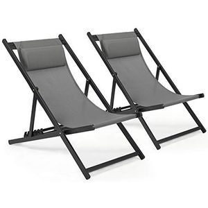 Mondeer Set van 2 klapstoelen met hoofdsteun en verstelbare rugleuning, voor tuin, zwembad, terras, belastbaar tot 130 kg, 104 x 58 x 95 cm (b x h), donkergrijs