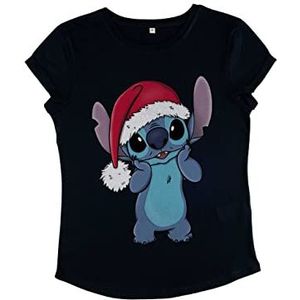 Disney Lilo & Stitch Stitch Wearing Santa Hat T-shirt met rolmouwen, voor dames, marineblauw, M, Navy Blauw