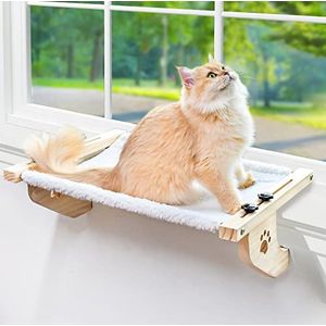 AMOSIJOY Robuuste raamhangmat met houten en metalen frame voor grote katten, eenvoudig te verstellen, voor vensterbank, nachtkastje, lade en kast (55,9 cm, wit pluche)