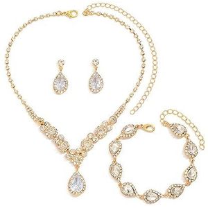 FDEETY Sieradenset voor dames met halsketting, armband en hangende oorbellen voor bruid, bruidsmeisje, kristal en zirkonia, Zink goud edelsteen