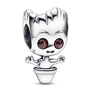 Pandora Marvel Baby Groot bedel, van sterling zilver met bruin kristal, Zilver, Zirkonia