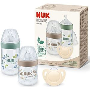 NUK for Nature Start Set | 2 flessen met temperatuurregelindicator (1 x 150 ml maat S, 1 x 260 ml maat M) | 1 x NUK for Nature fopspeen (0-6 maanden)