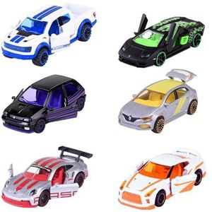 Majorette - Miniatuurauto uit de gelimiteerde editie 10 met 6 verschillende versnellingen (Renault, Porsche, Ford, Nissan, Lamborghini), 1 metalen auto met vrijloop, 7,5 cm, voor kinderen vanaf 3