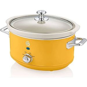Swan Retro SF17021YELNEU Slowcooker, afneembaar, antiaanbaklaag, keramiek, PFOA- en PTFE-vrij, 3 temperatuurniveaus, glazen deksel, slow cooker, vintage design, geel, 200 W