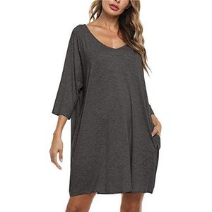 Doaraha Nachtjapon Dames Katoen Sexy Nachtjurk Korte V-hals 3/4 Mouwen, Sleepshirt Slaapshirt Nachtkleding Los voor Vrouwen Grote Maten, Donkergrijs, M