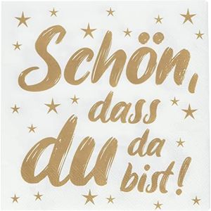 HEKU 22-30243-204: Set van 100 drievoudig gelaagde papieren servetten, opschrift 'Schön, dass du da bist', goud/wit
