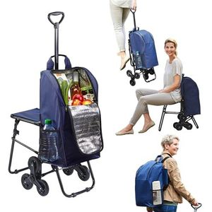 Avilia Boodschappentrolley met inklapbare zitting, hantering en maximaal comfort, 3-wielensysteem, telescopische handgreep, afneembare thermotas, inhoud 35 l, ideaal voor ouderen en