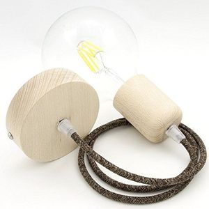 CD Cables - Hanglamp, cilinder, hout, kleurrijke hanger, textielkabel, canvas, bruin, 2 m
