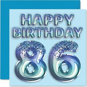 Verjaardagskaart 86e verjaardag heren - blauwe glitterfeestballon - verjaardagskaarten voor mannen van 86 jaar, overgrootvader, opa, opa, opa, opa, opa, opa, opa,