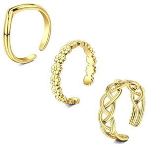 WillTen Set van 2 tot 4 teenringen, roestvrij staal, goud, zilver, open teenring, verstelbaar, bloem, pijl en blad, met zirkonia, zomer, strand, voor heren, Goudkleurig roestvrij staal, Zirkonia