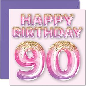 Verjaardagskaart voor vrouwen 90e verjaardag - ballonnen glitter roze en paars - verjaardagskaart voor vrouwen voor de 90e verjaardag, mama, oma, oma, 145 mm x 145 mm