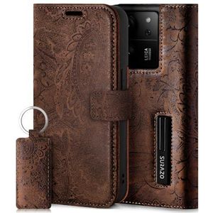 SURAZO Xiaomi 13T Pro/13T 5G hoes, echt leer, flip case, inklapbare magneetsluiting, kaartenvak, RFID-bescherming, bloemenpatroon, bruin
