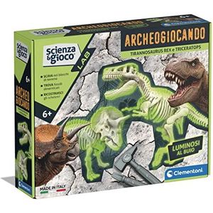 Clementoni - Wetenschap Lab-Archeogiocando-T-Rex en Triceratoop-dinosaurussen, fossielen om te graven en te monteren, archeoloogset, wetenschappelijk spel 7 jaar, in Italiaans, gemaakt in Italië,