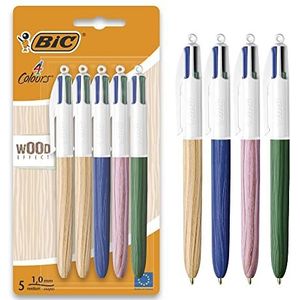 BIC 4 kleuren houteffect, pen met 4 kleuren, blauwe inkt, zwart, rood en groen, houteffect, medium punt (1 mm), 5 stuks