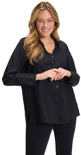 Ulla Popken Bluse, Leinen, Offener Kragen, Langarm Damesblouse, zwart.