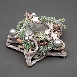 SHATCHI Houten kaarsenhouder in stervorm, tafeldecoratie, kerstdecoratie, huis, met kerstballen, rood/zilver, bessen en kegels (34 cm/24 cm), hout, 24 x 24 x 11 cm