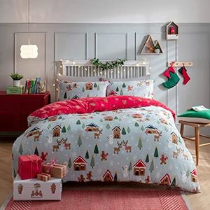 Sleepdown Scandinavische kerstscène beddengoedset, omkeerbaar, fleece, dekbedovertrek en kussenslopen, grijs/rood, 200 x 200 cm