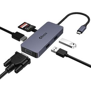 Qhou Hub USB C, avec prise en charge HDMI 4K et VGA, double écran, USB 2.0, lecteur de carte SD/TF, station d'accueil USB C pour MacBook Pro/Air, Dell/HP/Lenovo
