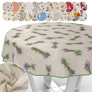 Wasbare textielstof tafelkleed - Katoen en polyester - Lavendel - Beige - Rond - 140 cm - Voor binnen en buiten