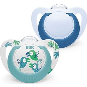 NUK Star Baby fopspeen van siliconen, BPA-vrij, 18-36 maanden, motief blauwe vogels, 2 stuks