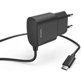 Hama Oplader USB-C (USB-C, kabel 1 m, 12 W, 5 V/2,4 A, universele netadapter, oplader voor Samsung Galaxy, Sony, Xiaomi, Huawei, LG, HTC) zwart