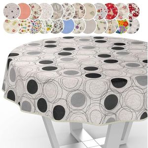 Afwasbaar stoffen tafelkleed, katoen, polyester, motief grijze cirkels, rond, 140 cm, voor binnen en buiten