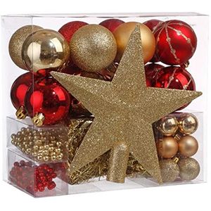 Kerstdecoratieset, 44-delige set, boomversieringen: slingers, ballen en kant, kleur: goud en rood