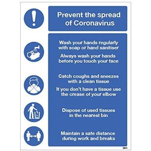 Semi-stijf PVC-paneel om de verspreiding van coronavirus te voorkomen. Handwas, zakdoeken, vuilnisemmer gebruiken, veiligheidsafstand houden ... (300 x 400 mm)