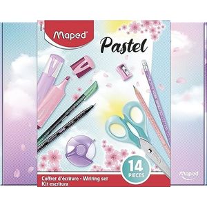 Maped - Schrijfset Pastel 14-delig – potloden grafiet HB plus puntenslijper plus markeerstiften plus schrijfstiften plus schaar 16 cm plus witte gum