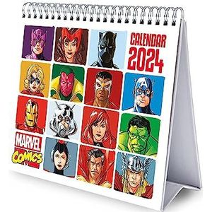 Grupo Erik - Bureaukalender 2024 Marvel Comics | 20 x 18 cm, maandkalender in het Frans | met harde standaard, officieel gelicentieerd product, FSC-gecertificeerd