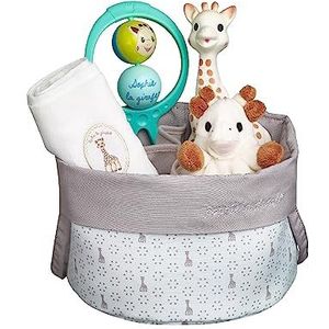 SOPHIE LA GIRAFE - Babymand - Babyspeelgoed - Babybenodigdheden - 1 knuffeldoek, 1 luier, 1 kauwspeeltje en 1 rammelaar in leuke mand