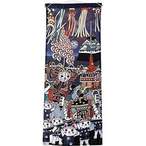 lachineuse - Wandtapijt Hommage au Maneki Neko - Japanse decoratie om op te hangen - 80 x 32 cm - Traditioneel Japans schilderij - Blauw - Cadeau-idee Japan Azië